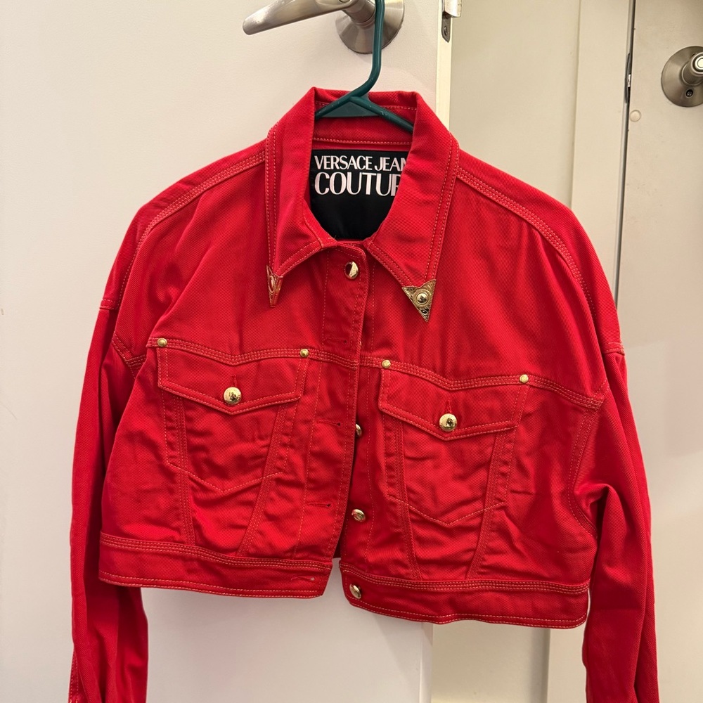 Versace Jeans Couture Vibrant Cropped Red Denim/Jean Jacket